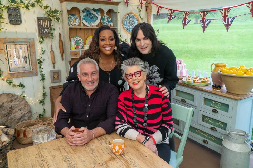 noel fielding, paul hollywood, alison hammond and prue leith in bake off's bread week