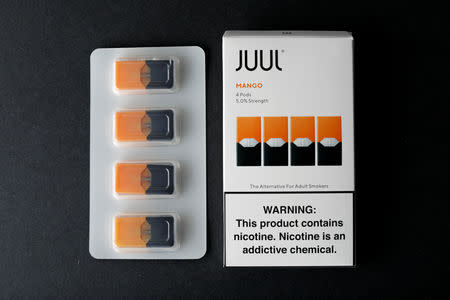 JUUL e-cigarette vaping pods are shown in this photo illustration taken September 14, 2018. REUTERS/Mike Blake/Illustration