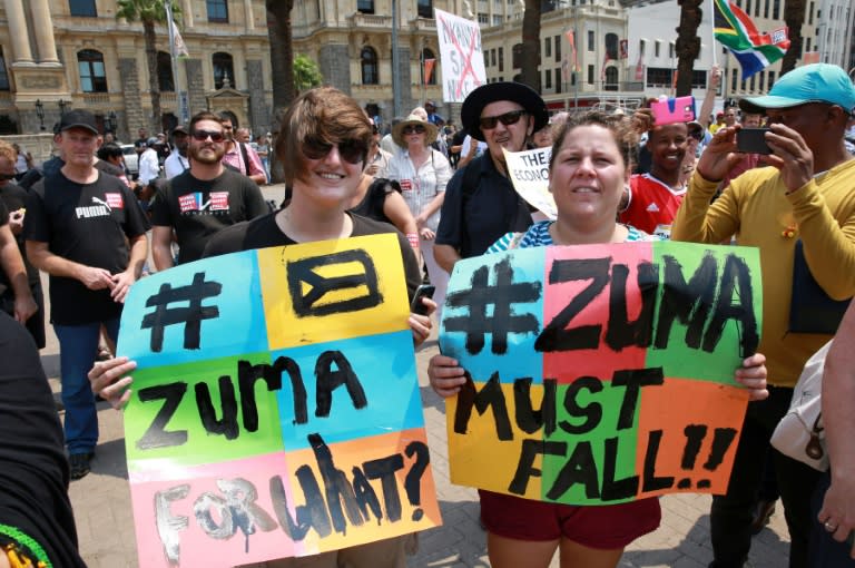 Campaigners demonstrate against South African President Jacob Zuma on February 11, 2016 in Cape Town