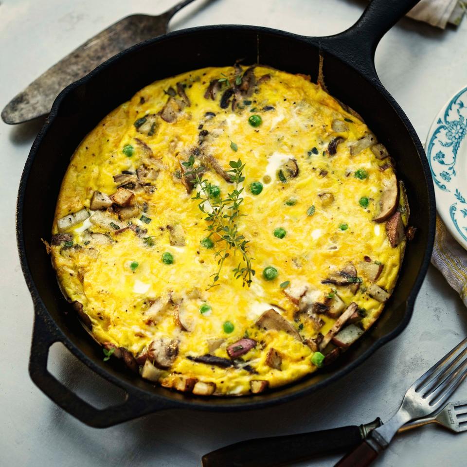 Wild Mushroom Frittata with Cheddar, Green Onions, and Peas