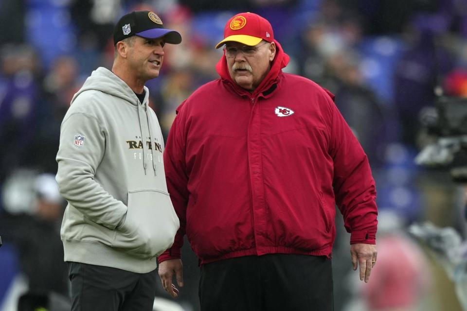 FILE - Kansas City Chiefs head coach Andy Reid and Baltimore Ravens head coach John Harbaugh talk before the AFC Championship NFL football game, Sunday, Jan. 28, 2024, in Baltimore. The NFL announced Monday, May 13, 2024, that the Super Bowl champion Kansas City Chiefs will open the season at home against the Baltimore Ravens on Thursday, Sept. 5. The game is a rematch of the AFC championship game in January, which the Chiefs won 17-10 in Baltimore.(AP Photo/Matt Slocum, File)