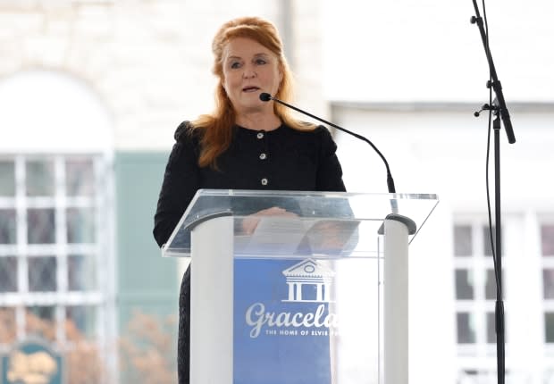 Sarah Ferguson, Duchess of York, speaks at the public memorial for Lisa Marie Presley on January 22, 2023, in Memphis, Tennessee.<p>Jason Kempin/Getty Images</p>