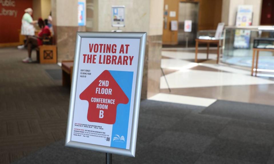 Voters were told to go to the second floor of Lexington’s Central Public Library in downtown Lexington, Ky. on May 21, 2024, Primary Day in Kentucky.