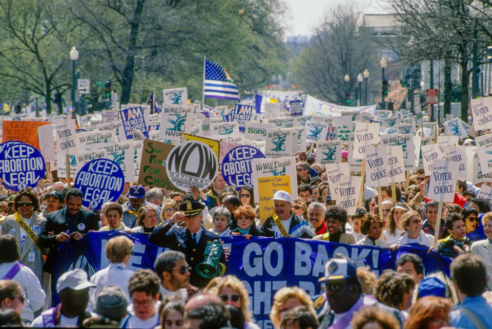 View of the March for Women's Lives rally in Washington D.C., April 5, 1992. Visible signs include 'Keep Abortion Legal' and 'We Won't Go Back, We Will Fight Back.'  / Credit: Mark Reinstein/Corbis via Getty Images