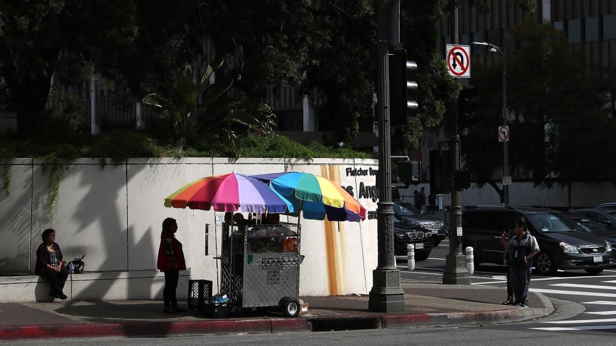 A street vendor sells fruit on a street corner on Feb. 16, 2017, in Los Angeles. (Credit: Justin Sullivan / Getty Images)
