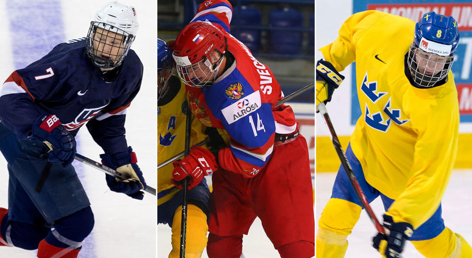 Brady Tkachuk (left), Andrei Svechnikov (centre) and Rasmus Dahlin (right) are the early front-runners atop the 2018 NHL draft.