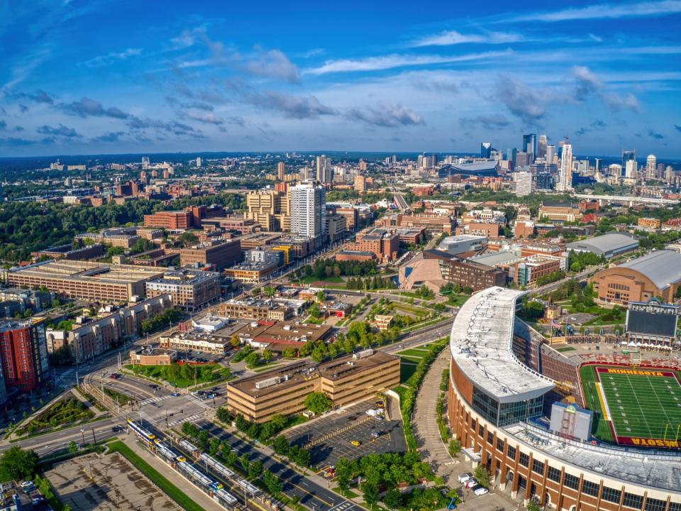 Aerial view of a large Public University near Downtown Minneapolis in the Twin Cities of Minnesota