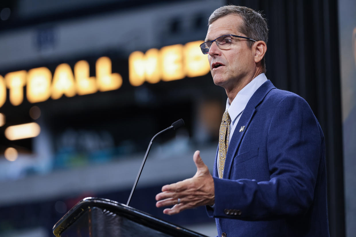 INDIANAPOLIS, IN - JULY 26: Head coach Jim Harbaugh of the Michigan Wolverines speaks during the 2022 Big Ten Conference Football Media Days at Lucas Oil Stadium on July 26, 2022 in Indianapolis, Indiana. (Photo by Michael Hickey/Getty Images)