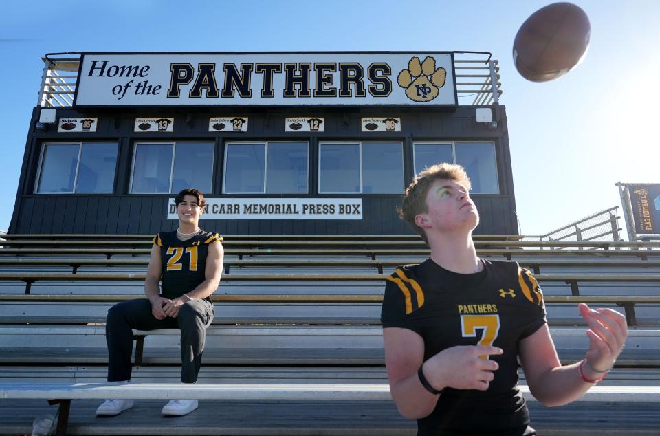 Newbury Park sophomore quarterback Brady Smigiel (right) and junior receiver Shane Rosenthal proved to be one of the most potent combinations in Ventura County and the state.