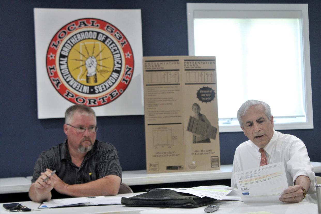 In this file photo, 39 North Conservancy District Board President Mark Childress, left, and District Attorney Shaw Friedman discuss possible annexation by the city of LaPorte.