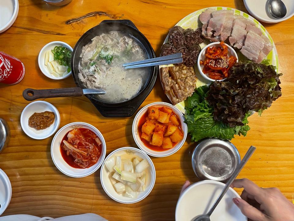 A table with Korean food.