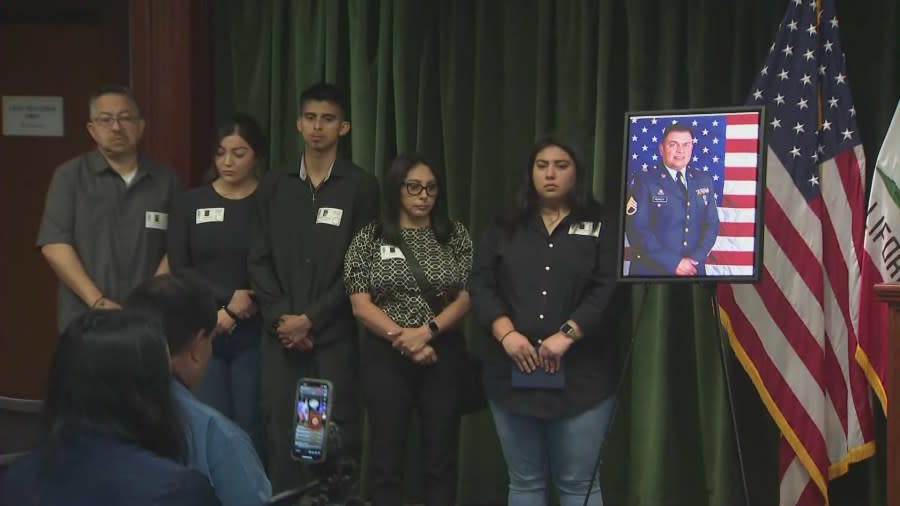 Loved ones gathered at a press conference on April 11, 2024 as charges against four suspects in the shooting death of Long Beach veteran Mario Morales-Moreno were announced. (KTLA)
