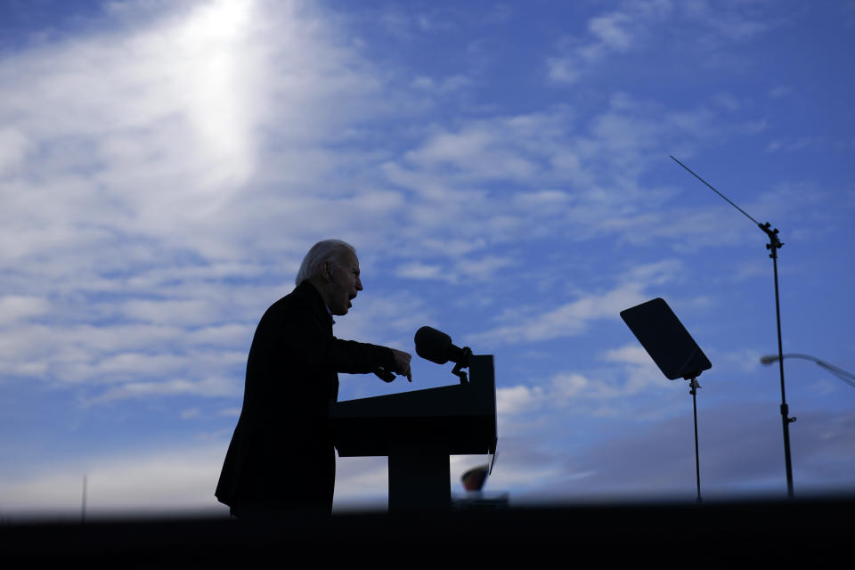 President-elect Joe Biden speaks in Atlanta, Monday, Jan. 4, 2021, as he campaigns for Senate candidates Raphael Warnock and Jon Ossoff. (AP Photo/Carolyn Kaster)