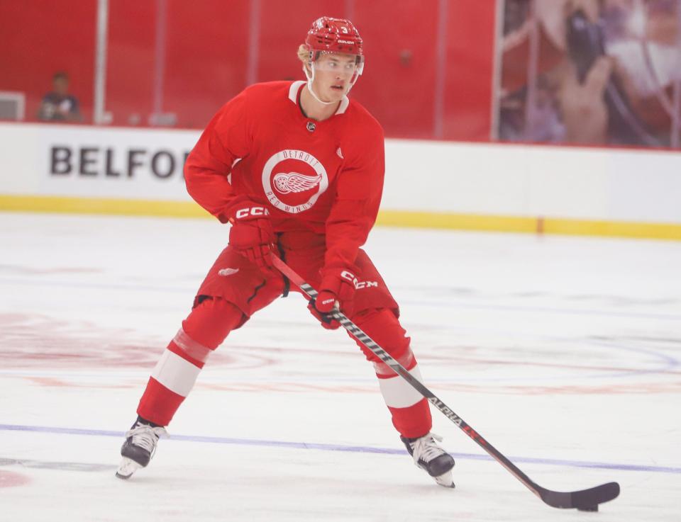 Defenseman Simon Edvinsson looks to pass during the 3-on-3 tournament July 14, 2022 between Team Watson and Team Cleary at the Red Wings development camp in the BELFOR Training Center of Little Caesars Arena.