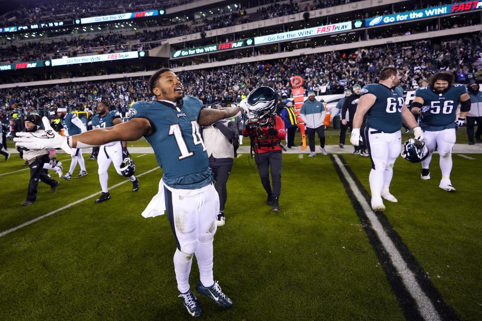 Philadelphia Eagles running back Kenneth Gainwell reacts following an NFL divisional round playoff football game against the New York Giants, Saturday, Jan. 21, 2023, in Philadelphia. The Eagles won 38-7. (AP Photo/Matt Slocum)