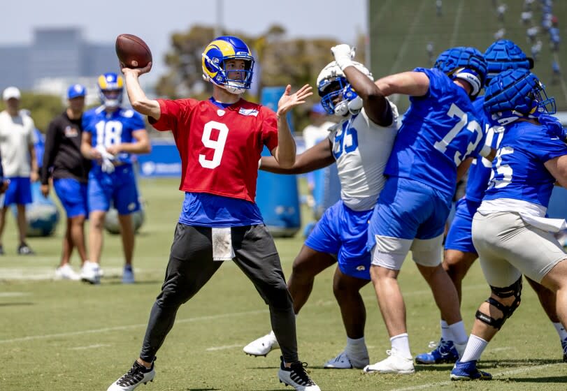 IRVNE, CA - JULY 24, 2022: Rams quarterback Matthew Stafford makes a pass during training camp.