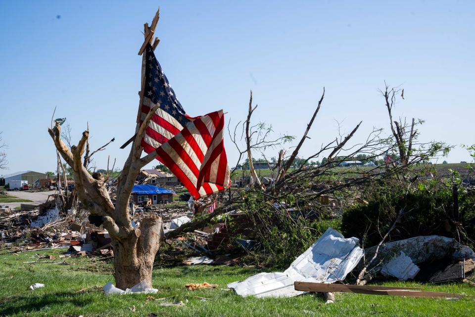 Debris seen from the EF3 tornado that struck Greenfield is seen Thursday, May 23, 2024, in Greenfield.