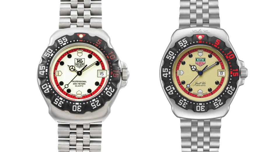 An original TAG Heuer Formula 1 (L) and the reissued TAG x Kith Formula 1 (R). These watches harken back to the 1980s and 1990s, triggering specific nostalgia for a generation. Many saw this reissue coming and started buying up the vintage pieces <a href="https://robbreport.com/style/watch-collector/tag-heuer-kith-formula-1-watch-1235602017/" rel="nofollow noopener" target="_blank" data-ylk="slk:ahead of the recent reissue;elm:context_link;itc:0;sec:content-canvas" class="link ">ahead of the recent reissue</a>.