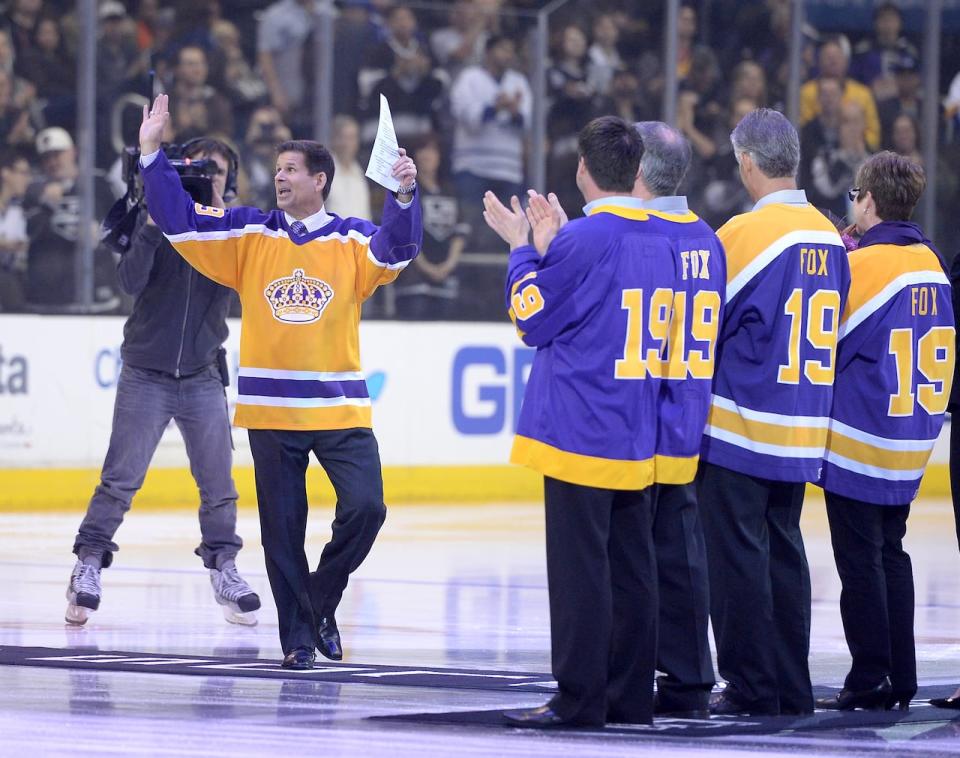 Former Los Angeles Kings and broadcster Jim Fox is honoured before the game against the Toronto Maple Leafs at Staples Center on March 13, 2014 in Los Angeles, California.  