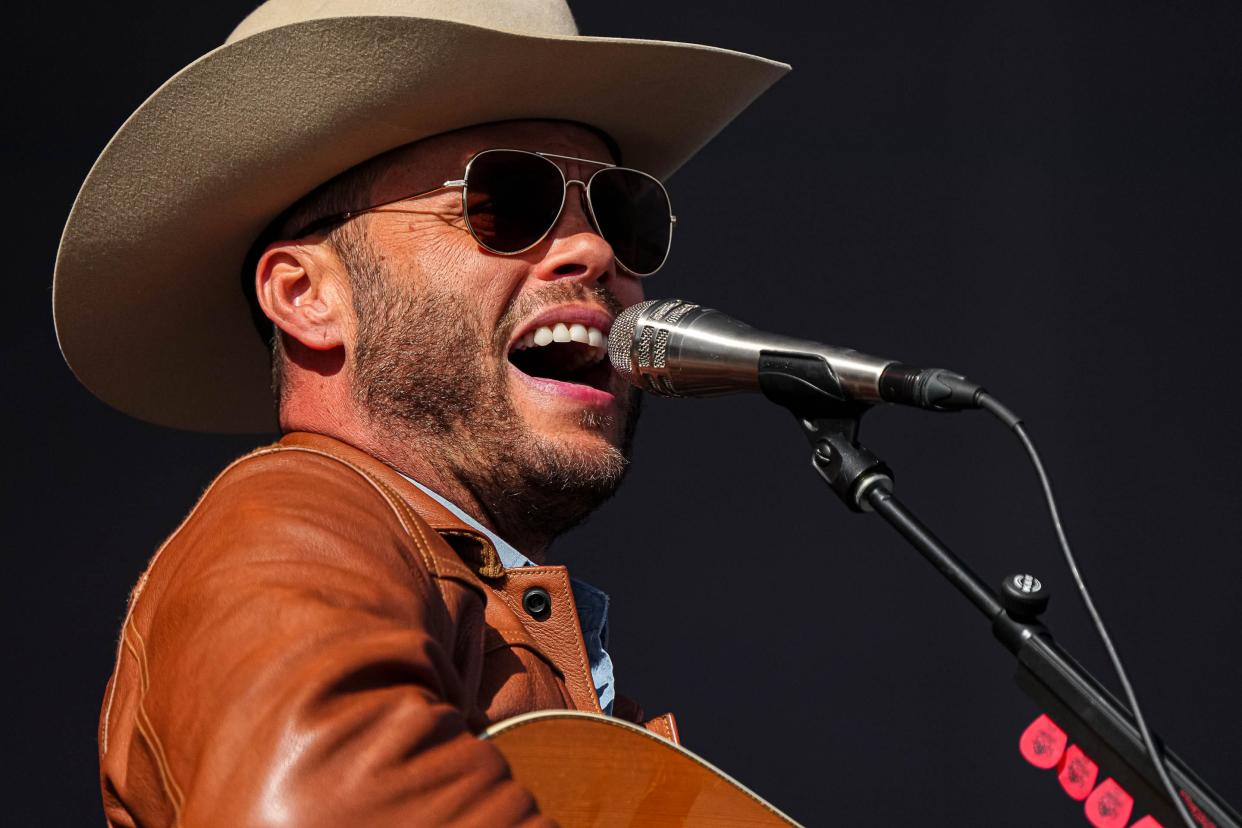 Charley Crockett performs on the Big River stage at the Two Step Inn country music festival at San Gabriel Park on Sunday, April 21, 2024 in Georgetown, Texas.