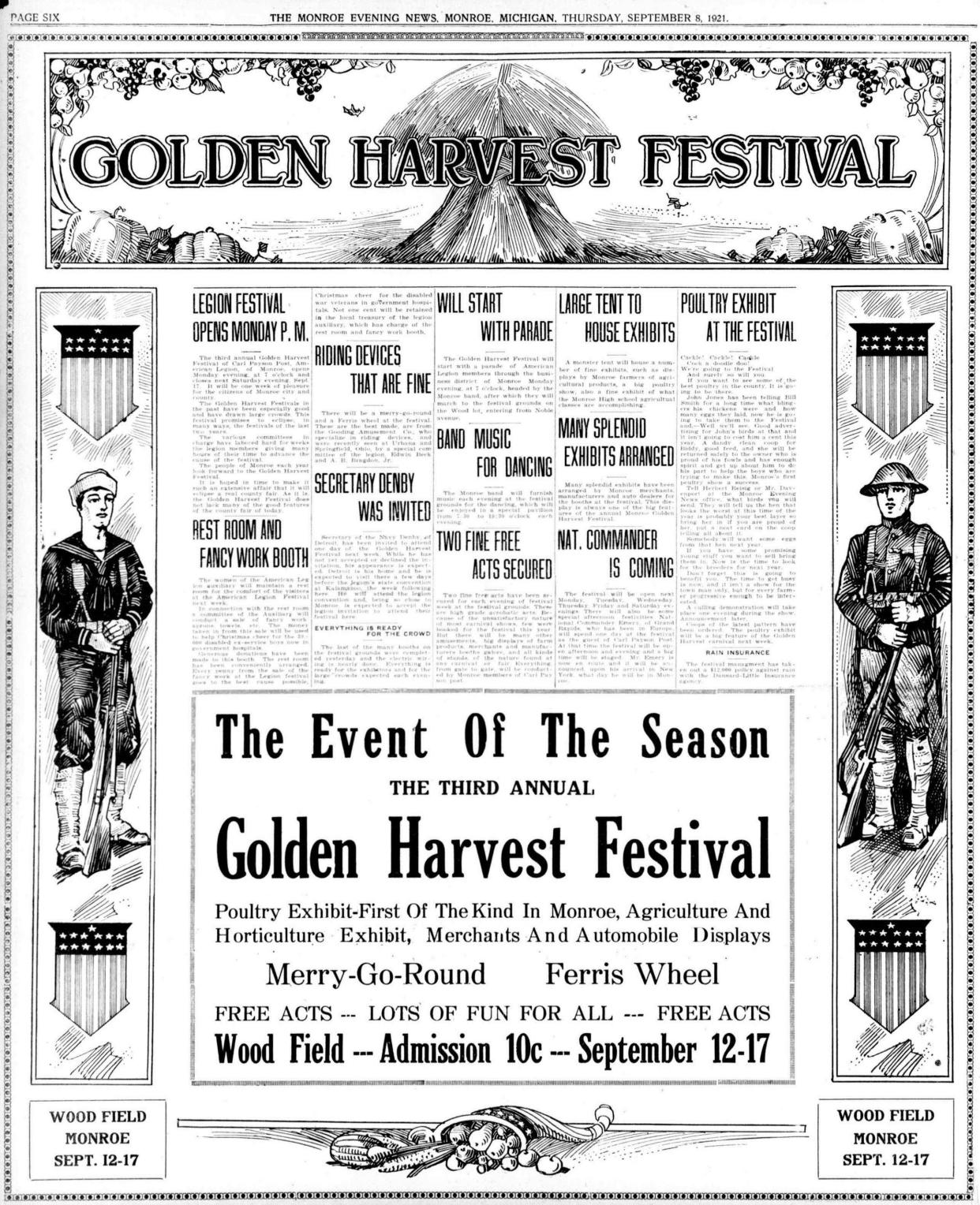 An advertisement of the 1921 Gold Harvest Festival in Monroe County.