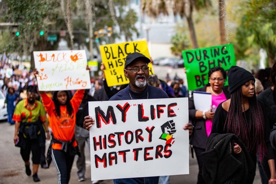 Hundreds participated in the National Action Network demonstration in response to Gov. Ron DeSantisÕs efforts to minimize diverse education. The activists chanted and carried signs while making their way from Bethel Missionary Baptist Church in Tallahassee, Florida to the Capitol building Wednesday, Feb. 15, 2023. 