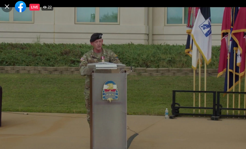 Command Sgt. Maj. Todd Sims, the outgoing commander for the U.S. Army Forces Command, makes remarks during a joint retirement and change of responsibility ceremony Friday, Aug. 8, 2023, at Fort Liberty.