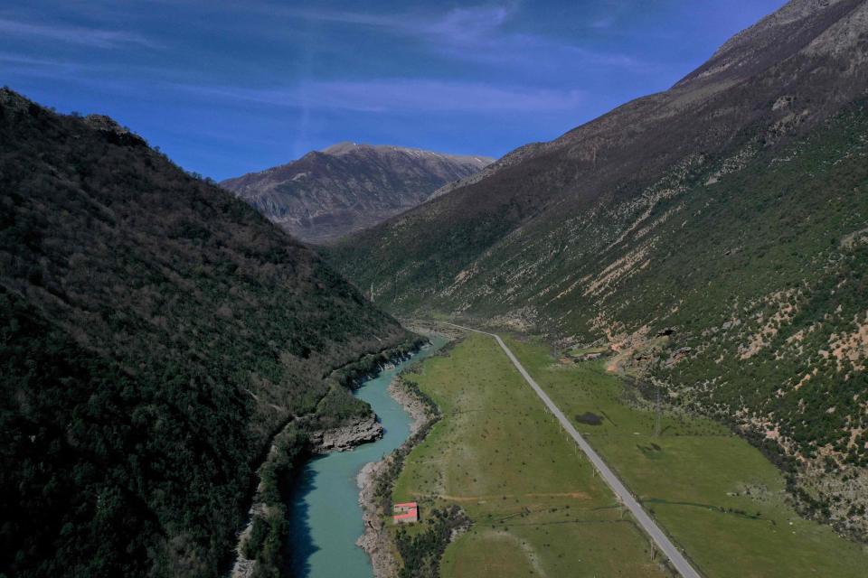 Aerial view of Vjosa, one of the last wild rivers in Europe, near the city of Kelcyre, Albania.
