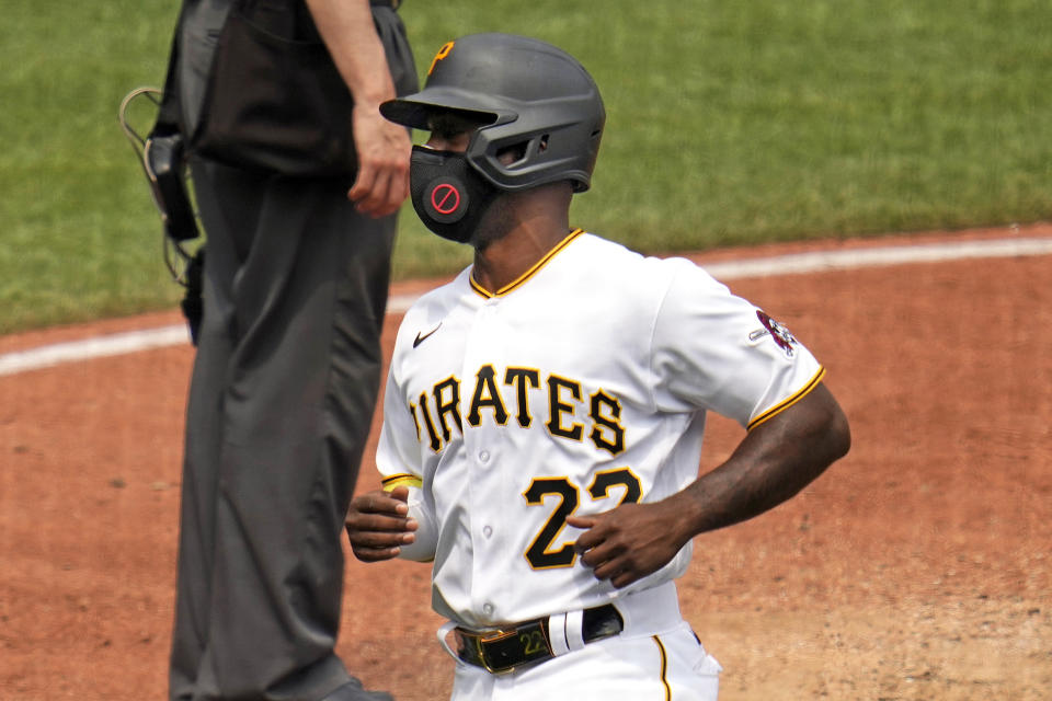 Andrew McCutchen wears a mask during gameplay Thursday. (AP Photo/Gene J. Puskar)