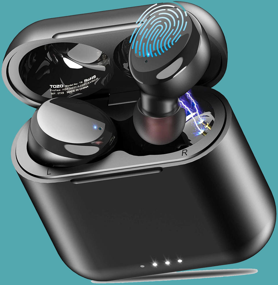 A pair of TOZO T6 wireless earbuds in the case