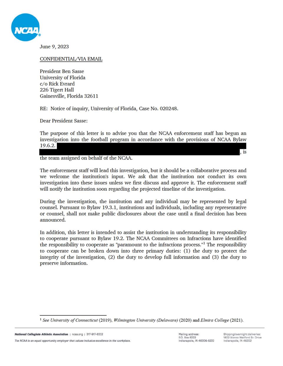 A document sent to UF president Ben Sasse informs the university's football program that it will be investigated for possible NCAA infractions. The notice was sent on June 9, 2023.