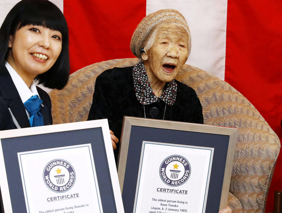 116-year-old Japanese woman Kane Tanaka celebrates during a ceremony to recognise her as the world's oldest person living and world's oldest woman living by the Guinness World Records in Fukuoka, Japan March 9, 2019.  Mandatory credit Kyodo/via REUTERS  ATTENTION EDITORS - THIS IMAGE WAS PROVIDED BY A THIRD PARTY. MANDATORY CREDIT. JAPAN OUT. THIS IMAGE WAS PROCESSED BY REUTERS TO ENHANCE QUALITY, AN UNPROCESSED VERSION HAS BEEN PROVIDED SEPARATELY.