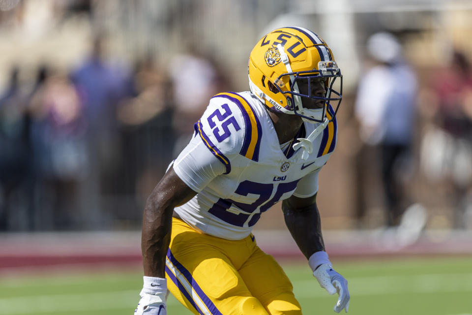 FILE - LSU safety Javien Toviano (25) during an NCAA football game, Sept. 16, 2023, in Starkville, Miss. Toviano surrendered to authorities Sunday, July 21, 2024, on charges of video voyeurism, the East Baton Rouge Parish sheriff's office said. (AP Photo/Vasha Hunt, File)