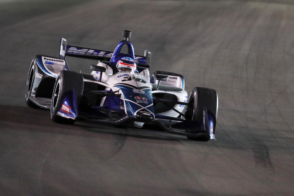 Takuma Sato enters Turn 1 during the IndyCar auto race at World Wide Technology Raceway on Saturday, Aug. 24, 2019, in Madison, Ill. Sato won the race. (AP Photo/Jeff Roberson)