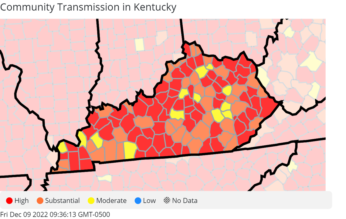 The vast majority of Kentucky’s counties are experiencing high levels of community transmission according to the latest map from the U.S. Centers for Disease Control and Prevention, pictured above. This map is current as of Dec. 8, 2022.