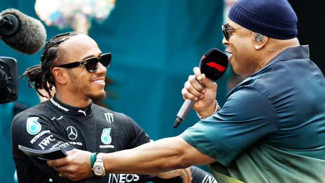 Lewis Hamilton greetsb LL Cool J at the Miami Grand Prix.