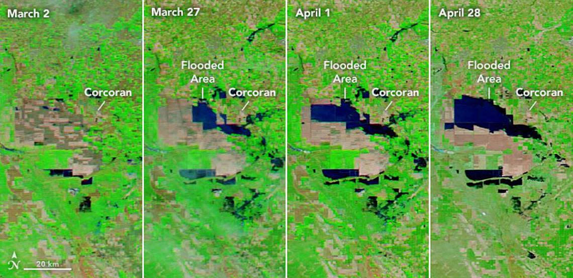 Images from NASA’s Aqua satellite orbiting the earth show the progression of flooding in the Tulare Lake Basin from March 2 through April 28, 2023.