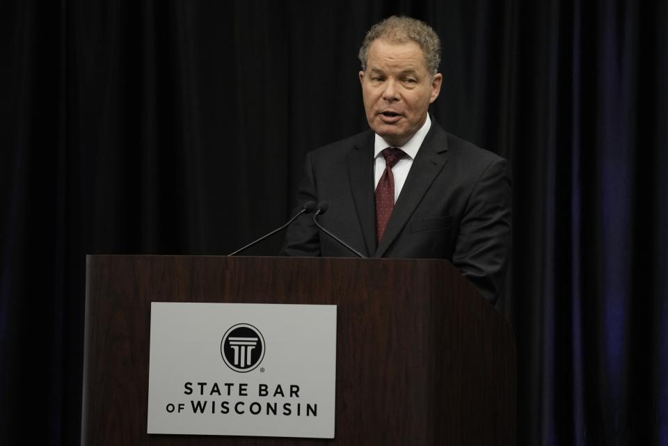 Wisconsin Supreme Court candidate Republican-backed Dan Kelly participates in a debate Tuesday, March 21, 2023, in Madison, Wis. (AP Photo/Morry Gash)