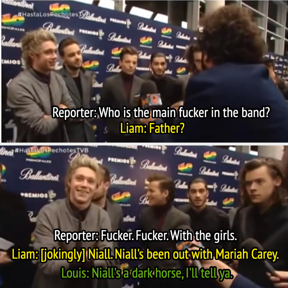 a reporter asks 1D who's the "main fucker" in the group, and the boys jokingly answer Niall