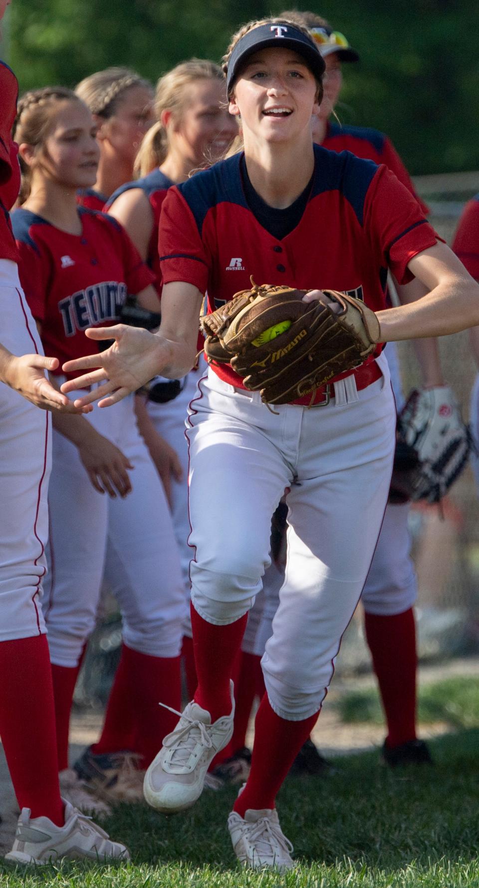 Katelyn Marx takes the field against Heritage Hills at Tecumseh High School Thursday evening, May 12, 2022.