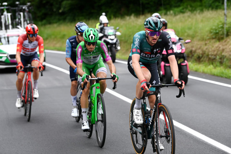 RIVOLI ITALY  MAY 18 Nico Denz of Germany and Team BORA  hansgrohe leads the breakaway during the 106th Giro dItalia 2023 Stage 12 a 185km stage from Bra to Rivoli  UCIWT  on May 18 2023 in Rivoli Italy Photo by Tim de WaeleGetty Images
