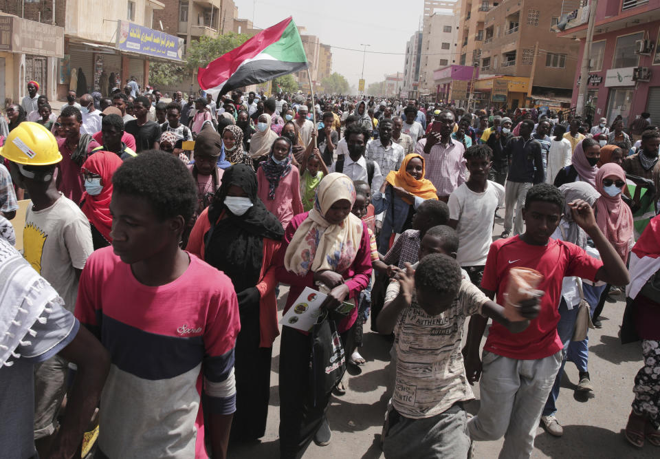 Sudanese anti-coup protesters take part in ongoing demonstrations against the military rule in Khartoum, Sudan, Thursday, March.24, 2022. (AP Photo/Marwan Ali)