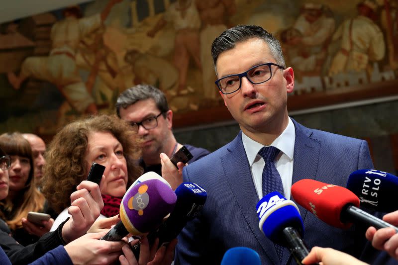 Slovenian Prime Minister Marjan Sarec speaks to the press in the parliament after announcing his resignation, in Ljubljana