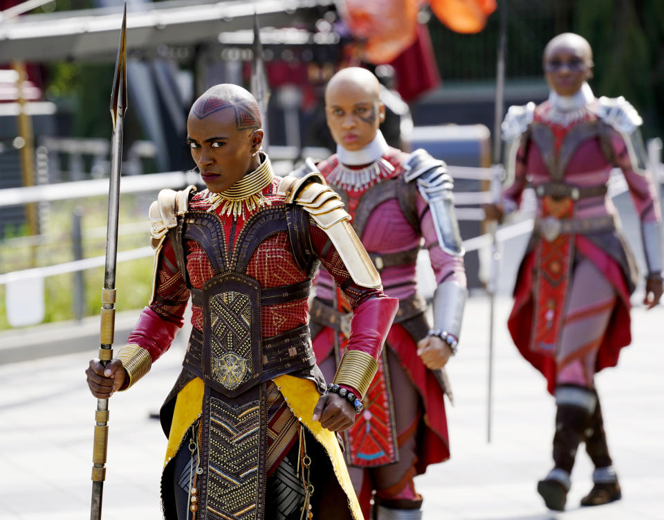 Characters from the film "Black Panther" perform during "The Warriors of Wakanda: The Disciplines of the Dora Milaje" show at the Avengers Campus media preview at Disney's California Adventure Park on Wednesday, June 2, 2021, in Anaheim, Calif. (AP Photo/Chris Pizzello)