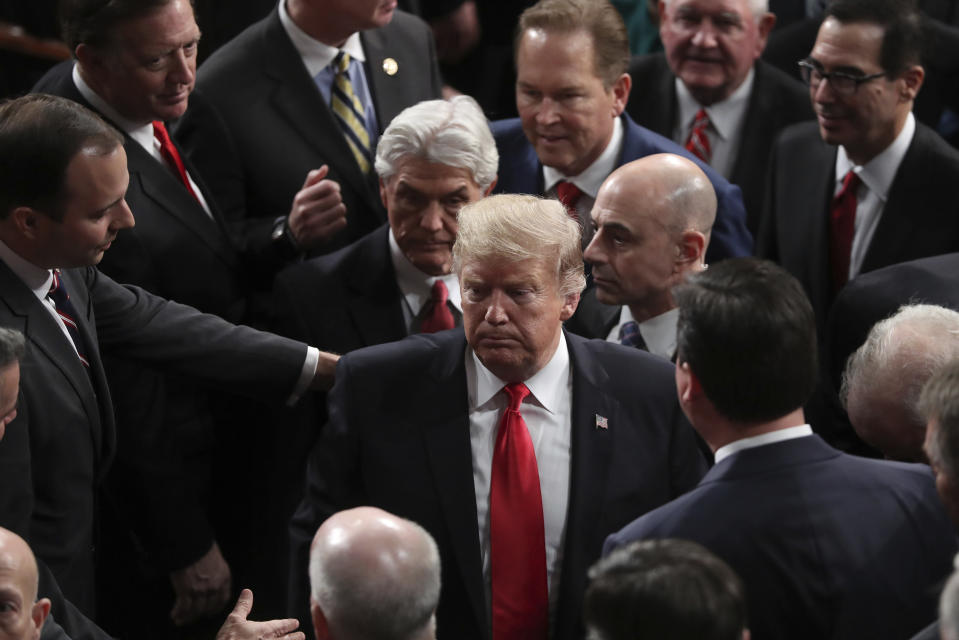 President Donald Trump departs after the State of the Union address to a joint session of Congress on Capitol Hill in Washington, Tuesday, Feb. 5, 2019. (AP Photo/Andrew Harnik)