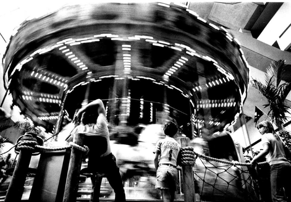 A file photo of the carousel at the amusement area on the third level of the Omni International Mall. The downtown Miami indoor mall and its hotel opened in 1977, springing out of an anchor Jordan Marsh store at street level along Biscayne Boulevard. Declining sales in the 1990s led to the mall’s closing by 2000.