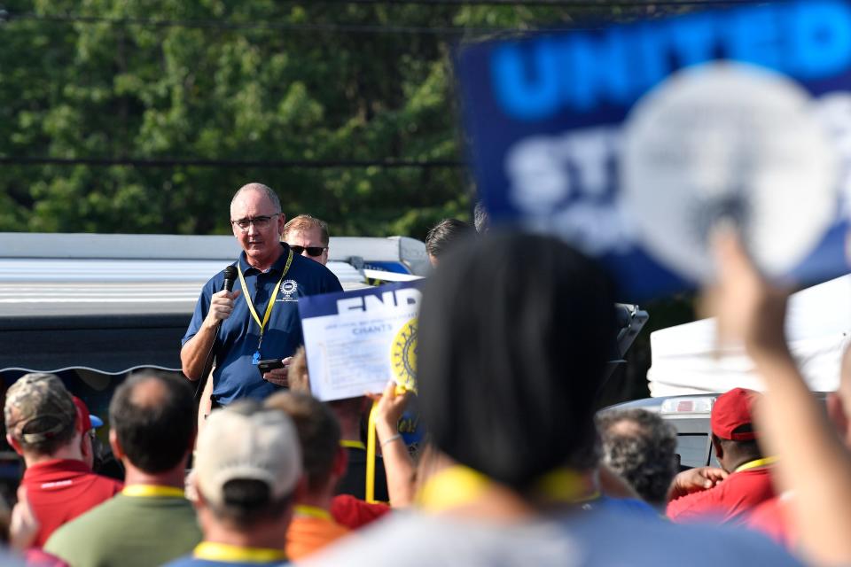 United Auto Workers Union President Shawn Fain speaks to members of Local 862 at a rally in Louisville, Ky., on Aug. 24, 2023. The demands that a more combative United Auto Workers union has made of General Motors, Stellantis and Ford — demands that even the UAW's president has called “audacious” — are edging it closer to a strike when its current contract ends Sept. 14.