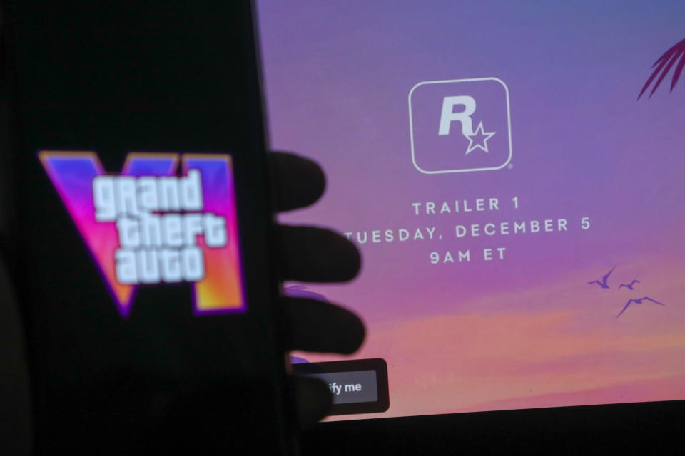 The official logo for Grand Theft Auto 6 is being displayed on a mobile phone in Colombo, Sri Lanka, on December 5, 2023. (Photo by Thilina Kaluthotage/NurPhoto via Getty Images)