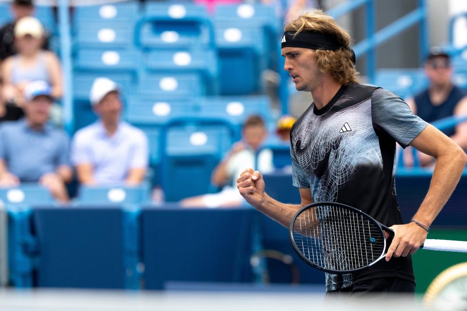 Alexander Zverez, of Germany, react to winning a set against Grigor Dimitrov, of Bulgaria, during the Western & Southern Open at the Lindner Family Tennis Center in Mason, Ohio, on Tuesday, Aug. 15, 2023.