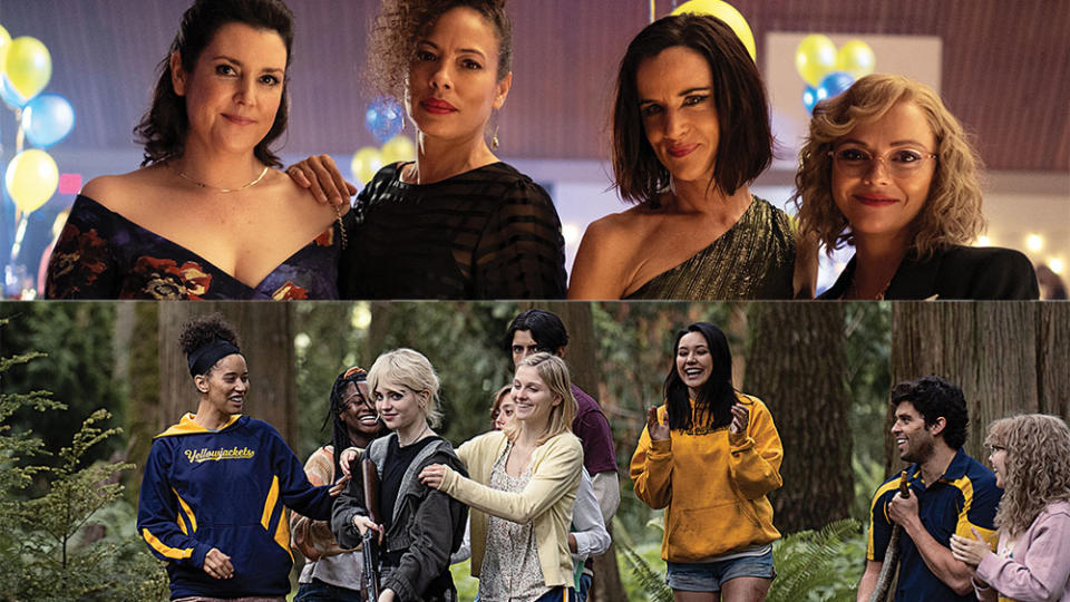 Melanie Lynskey (Shauna), Tawny Cypress (Taissa), Juliette Lewis (Natalie) and Christina Ricci (Misty). Below: Jasmin Savoy Brown (far left) and Sophie Thatcher (center) as teen Taissa and Natalie in Showtime’s Yellowjackets. - Credit: Kailey Schwerman/SHOWTIME;Colin Bentley/SHOWTIME